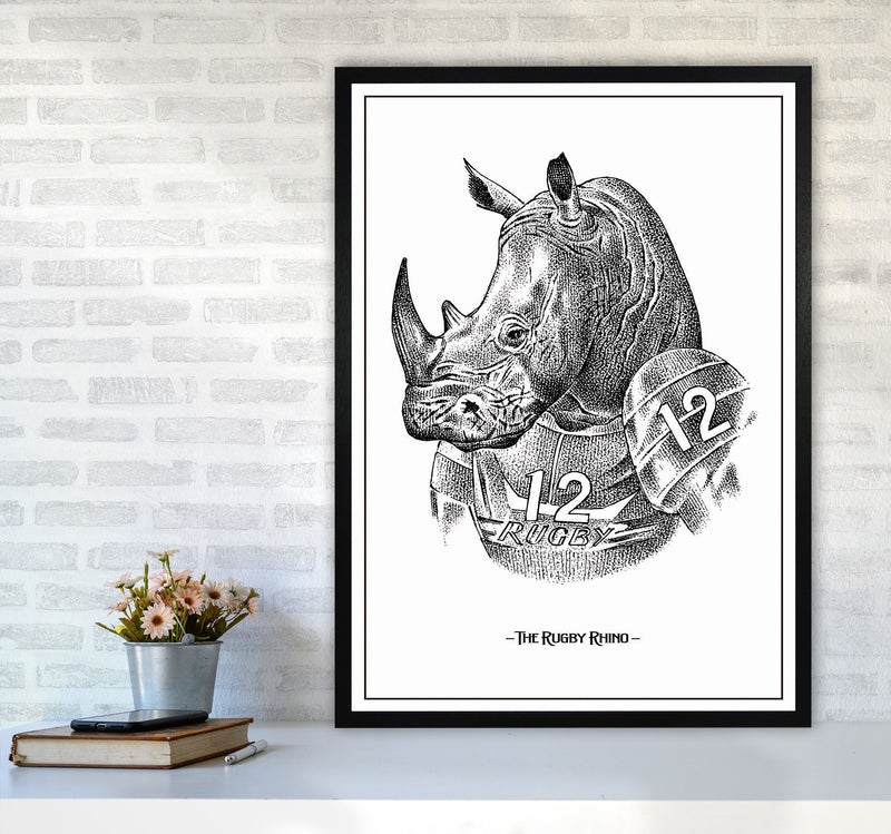 The Rugby Rhino Art Print by Jason Stanley A1 White Frame