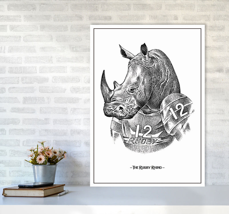 The Rugby Rhino Art Print by Jason Stanley A1 Black Frame