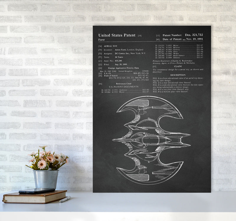 Batwing Patent Side View- Chalkboard Art Print by Jason Stanley A1 Black Frame