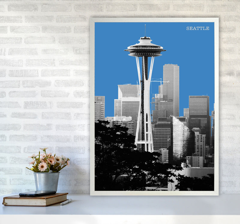 Halftone Seattle Blue Art Print by Jason Stanley A1 Oak Frame