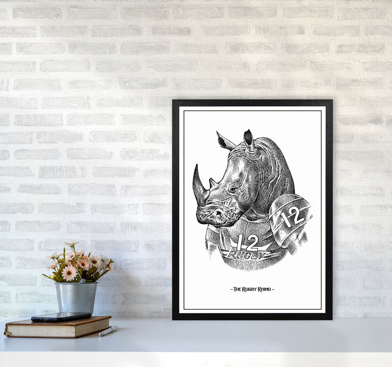 The Rugby Rhino Art Print by Jason Stanley A2 White Frame