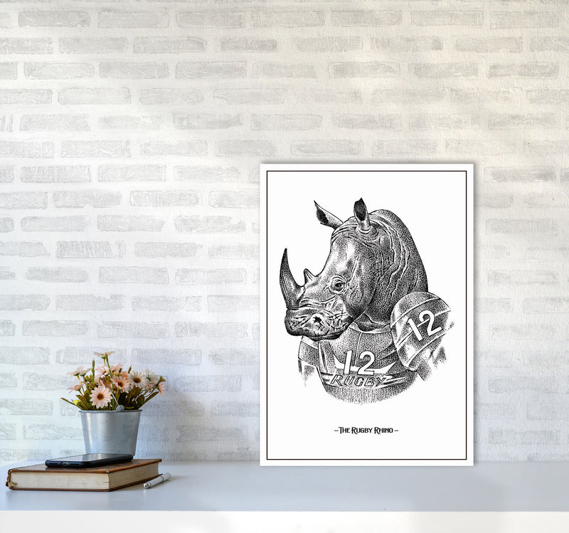 The Rugby Rhino Art Print by Jason Stanley A2 Black Frame