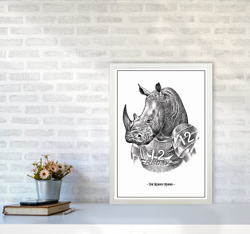 The Rugby Rhino Art Print by Jason Stanley A2 Oak Frame