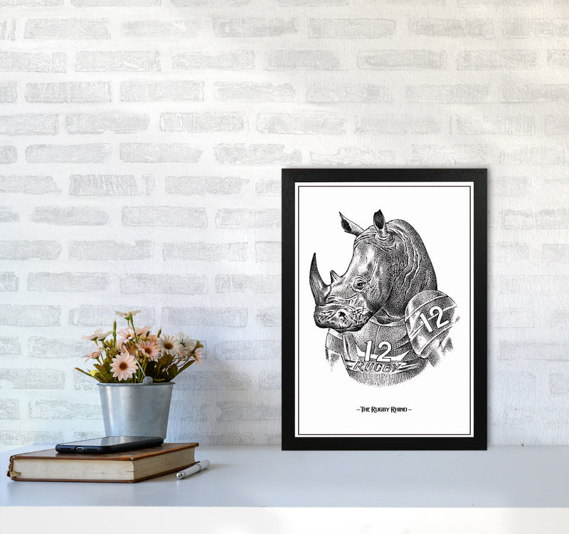 The Rugby Rhino Art Print by Jason Stanley A3 White Frame