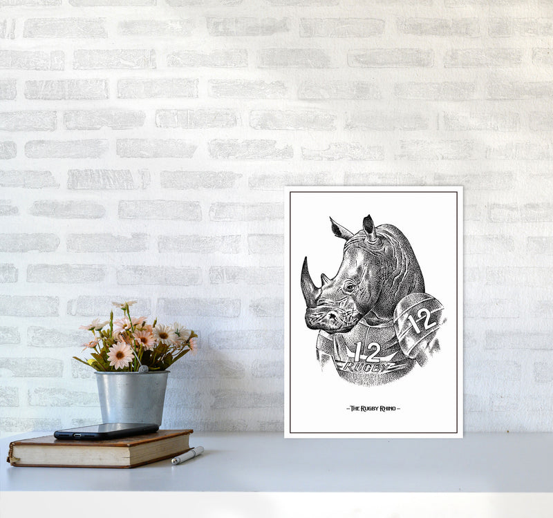 The Rugby Rhino Art Print by Jason Stanley A3 Black Frame