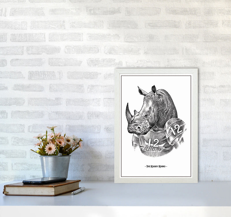 The Rugby Rhino Art Print by Jason Stanley A3 Oak Frame