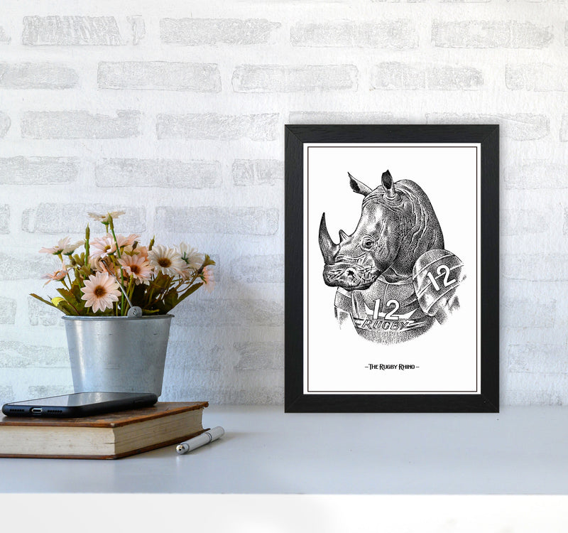The Rugby Rhino Art Print by Jason Stanley A4 White Frame