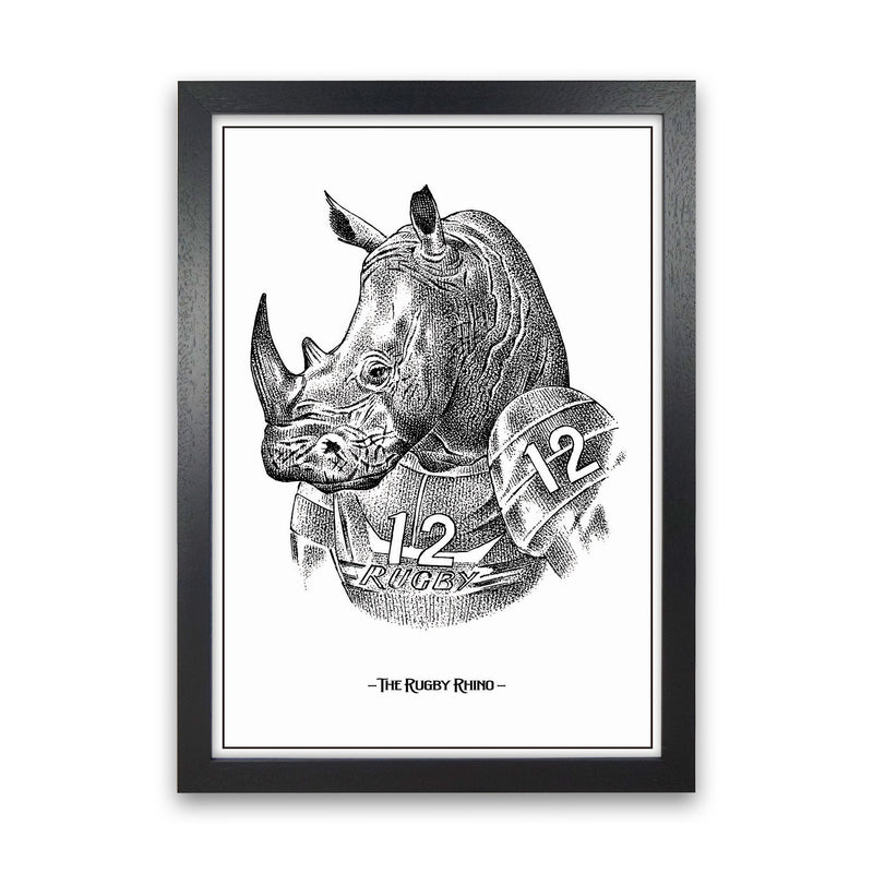 The Rugby Rhino Art Print by Jason Stanley Black Grain