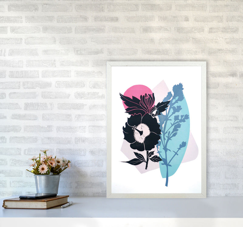 Hibiscus & Feverfew postcard Art Print by Kate Heiss A2 Oak Frame