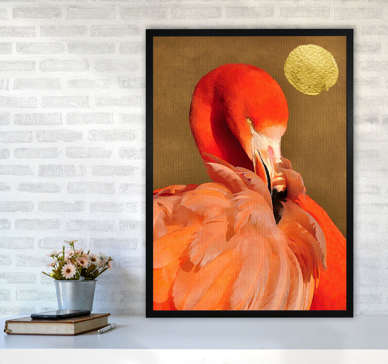 Flamingo With Golden Sun Animal Art Print by Kubistika A1 White Frame