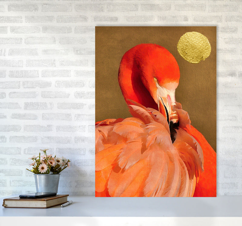 Flamingo With Golden Sun Animal Art Print by Kubistika A1 Black Frame