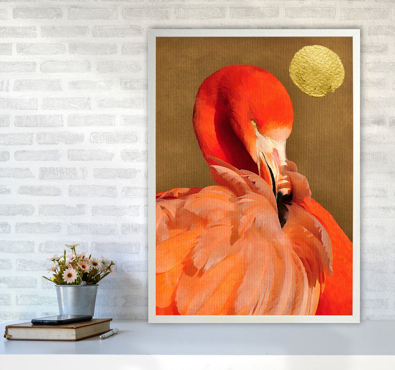 Flamingo With Golden Sun Animal Art Print by Kubistika A1 Oak Frame