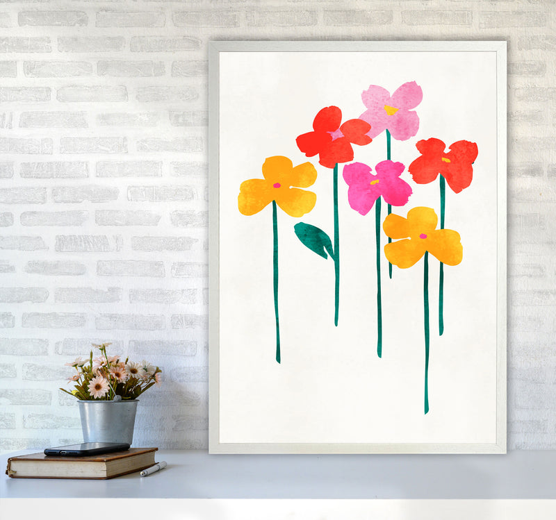 Little Happy Flowers Colourful Art Print by Kubistika A1 Oak Frame
