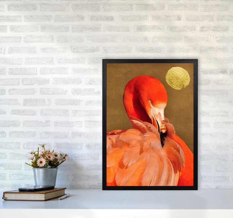 Flamingo With Golden Sun Animal Art Print by Kubistika A2 White Frame