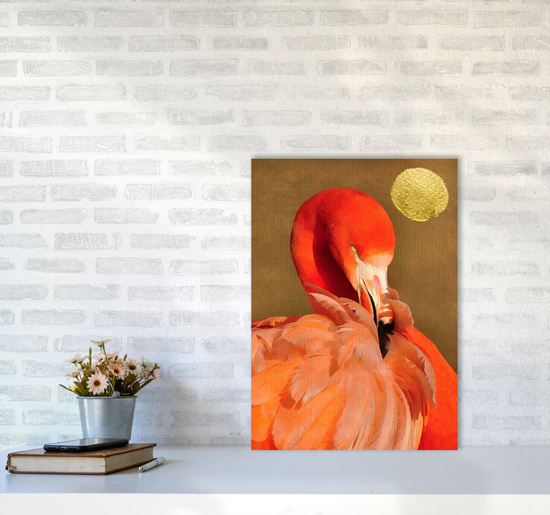 Flamingo With Golden Sun Animal Art Print by Kubistika A2 Black Frame