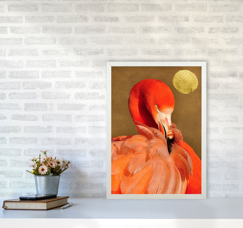 Flamingo With Golden Sun Animal Art Print by Kubistika A2 Oak Frame