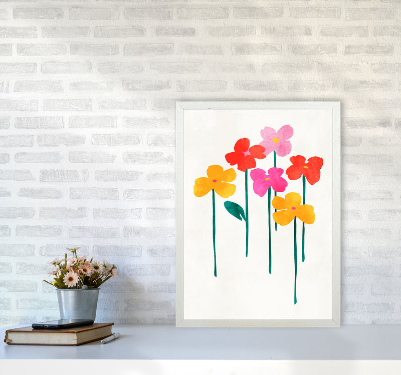 Little Happy Flowers Colourful Art Print by Kubistika A2 Oak Frame