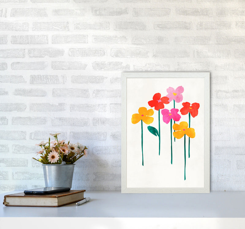 Little Happy Flowers Colourful Art Print by Kubistika A3 Oak Frame