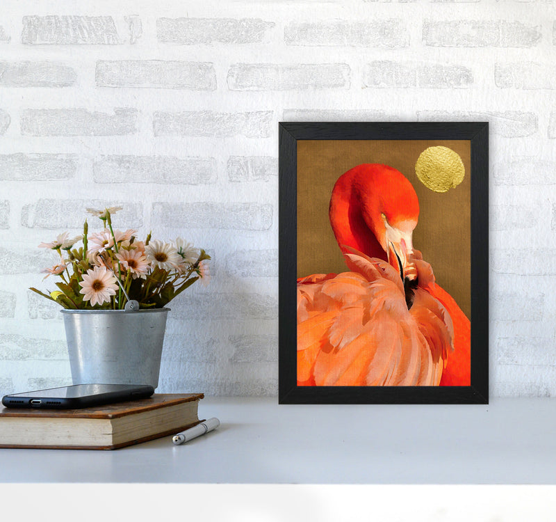 Flamingo With Golden Sun Animal Art Print by Kubistika A4 White Frame