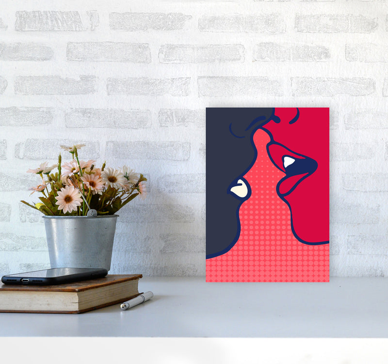 The Kiss - PINK Colourful Modern Art Print by Kubistika A4 Black Frame