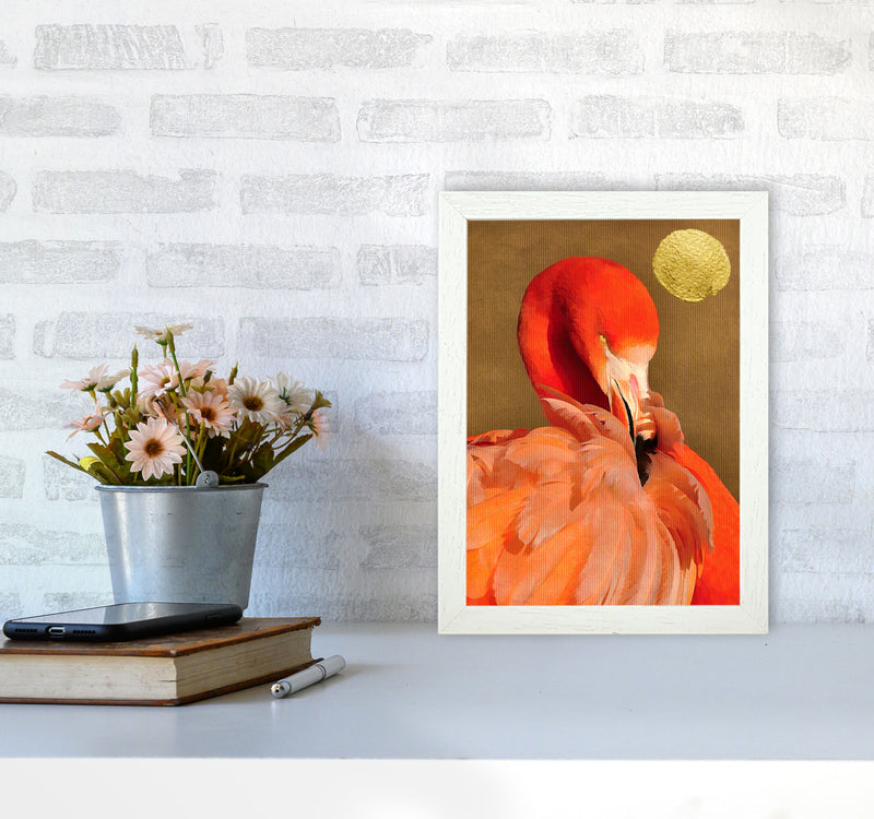 Flamingo With Golden Sun Animal Art Print by Kubistika A4 Oak Frame