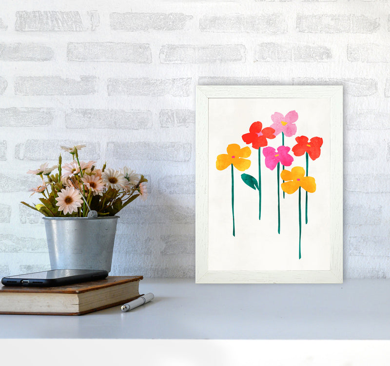 Little Happy Flowers Colourful Art Print by Kubistika A4 Oak Frame