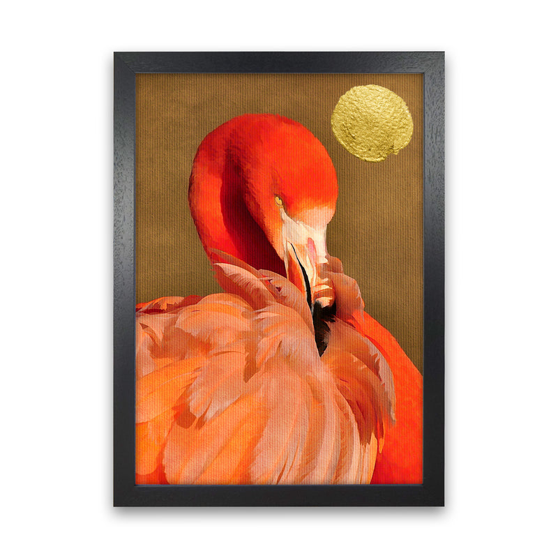 Flamingo With Golden Sun Animal Art Print by Kubistika Black Grain