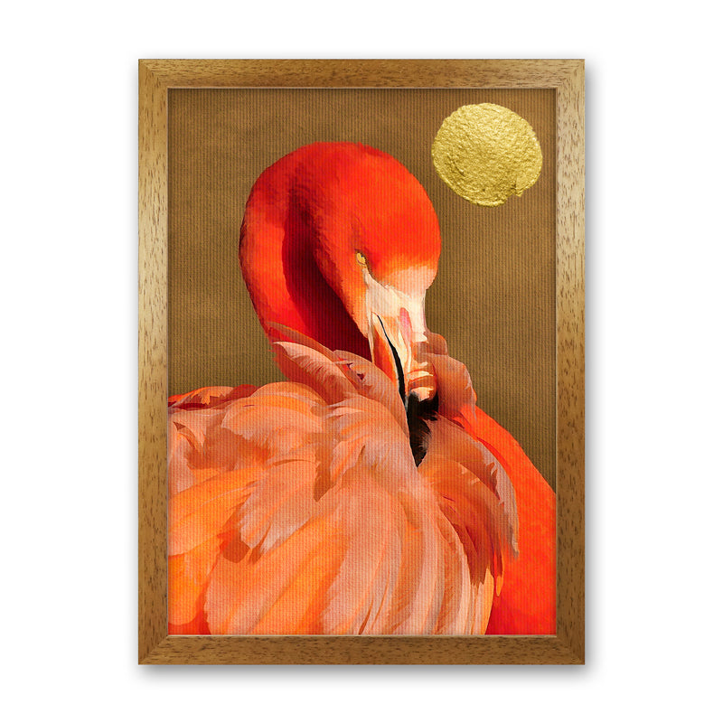 Flamingo With Golden Sun Animal Art Print by Kubistika Oak Grain