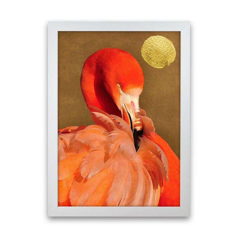 Flamingo With Golden Sun Animal Art Print by Kubistika White Grain