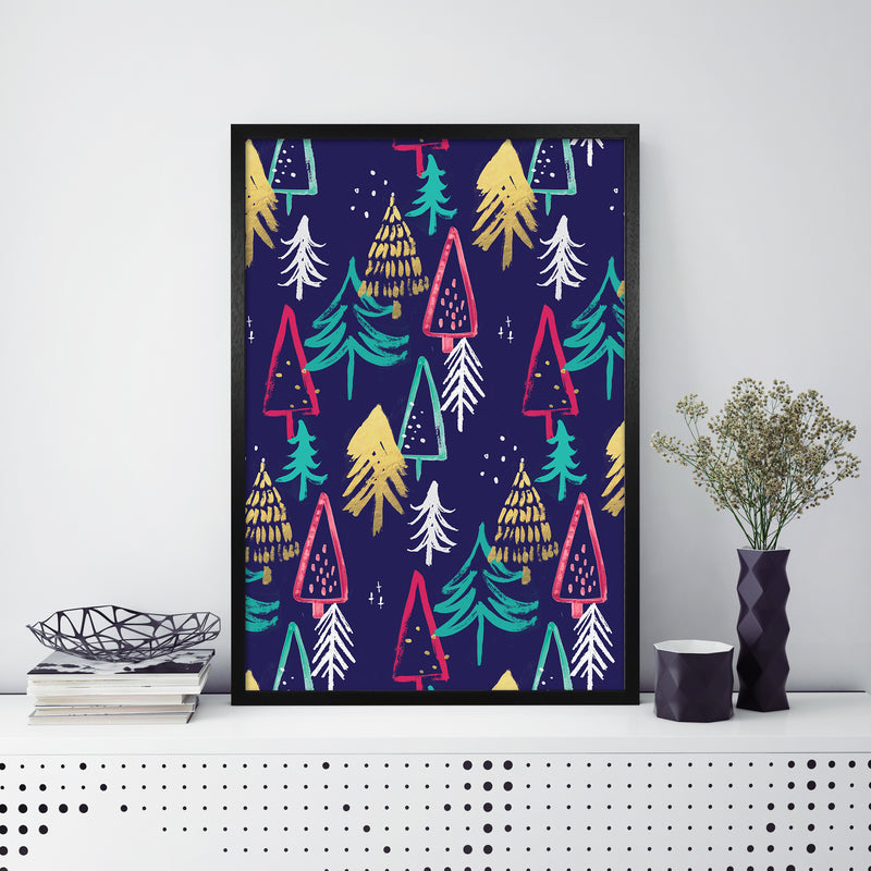 Laura Irwin Christmas Trees Pattern A1 Black with White Mount