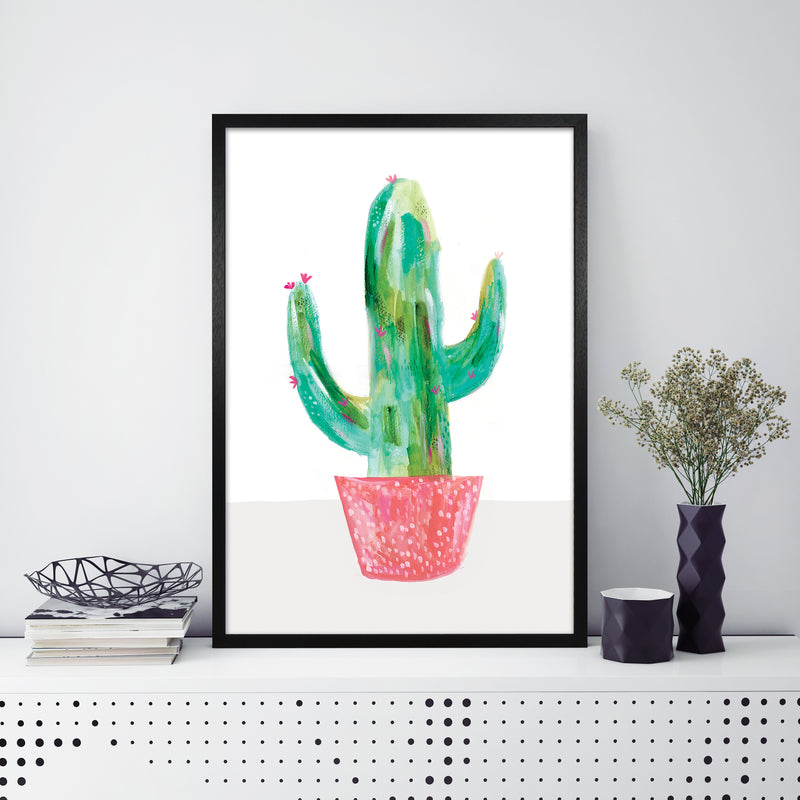 Laura Irwin Painted Cactus in Coral Plant Pot A1 Black with White Mount
