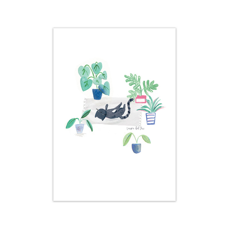 Laura Irwin Black Cat and House Plants A2 Black with White Mount
