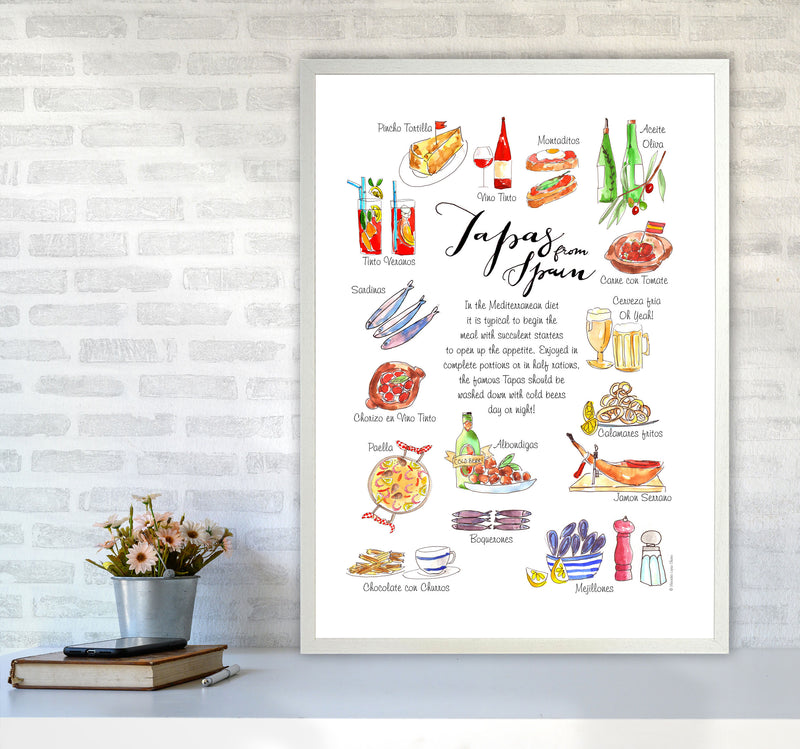 Spanish Tapas Ingredients, Kitchen Food & Drink Art Prints A1 Oak Frame