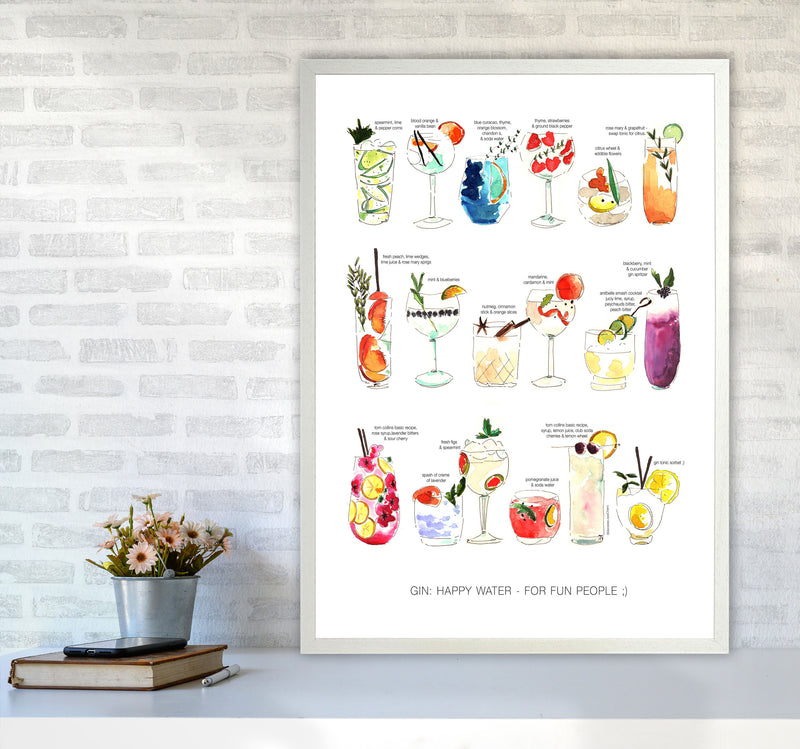 Gin: Happy Water - For Fun People, Kitchen Food & Drink Art Prints A1 Oak Frame