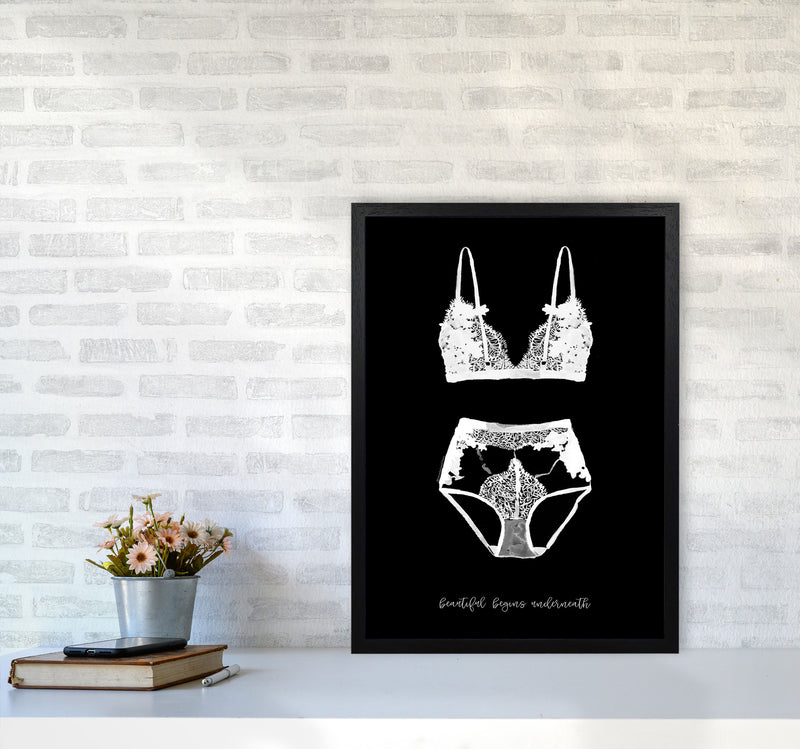 Beauty Begins Underneath Lingerie Black Modern Fashion Print A2 White Frame