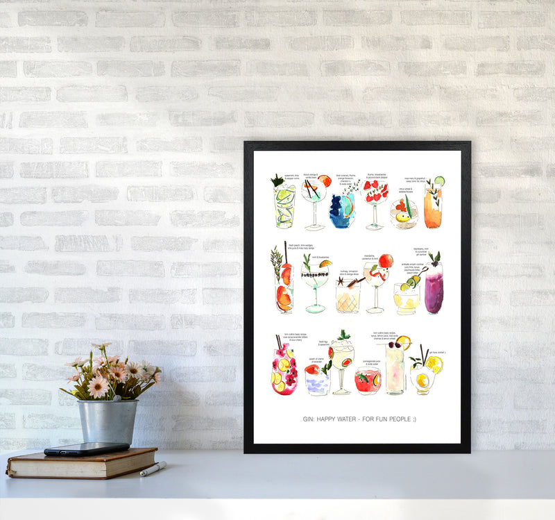 Gin: Happy Water - For Fun People, Kitchen Food & Drink Art Prints A2 White Frame