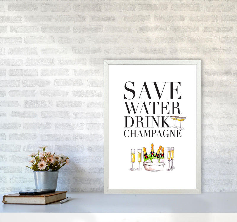 Save Water Drink Champagne, Kitchen Food & Drink Art Prints A2 Oak Frame