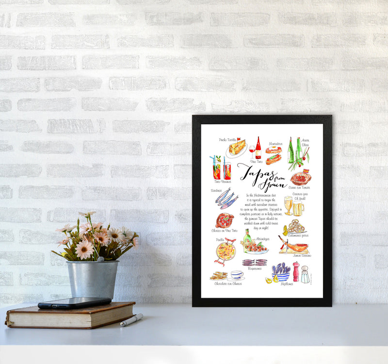 Spanish Tapas Ingredients, Kitchen Food & Drink Art Prints A3 White Frame