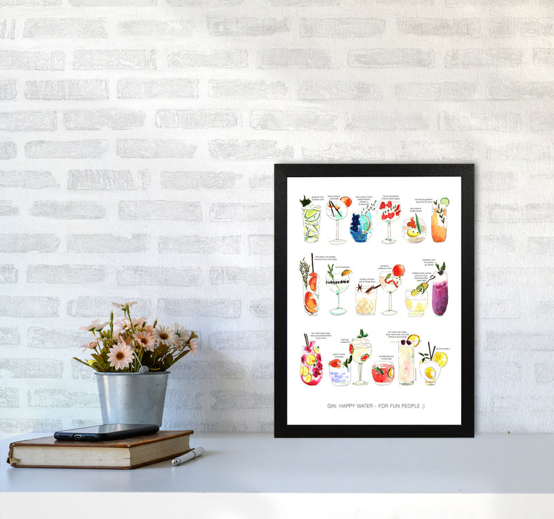 Gin: Happy Water - For Fun People, Kitchen Food & Drink Art Prints A3 White Frame