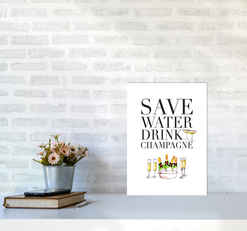 Save Water Drink Champagne, Kitchen Food & Drink Art Prints A3 Black Frame