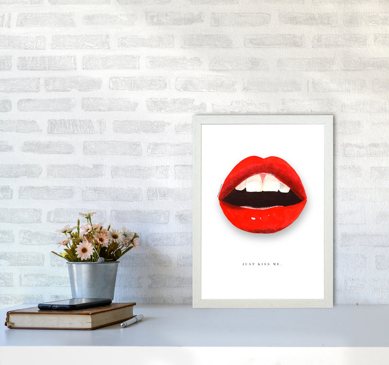 Just Kiss Me Lips Modern Fashion Print A3 Oak Frame