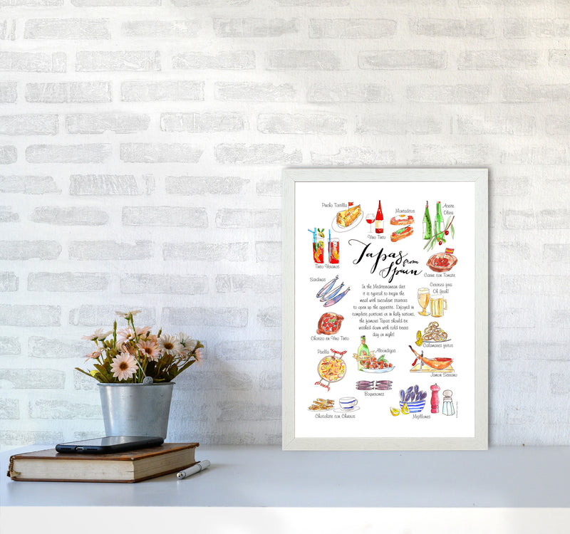 Spanish Tapas Ingredients, Kitchen Food & Drink Art Prints A3 Oak Frame