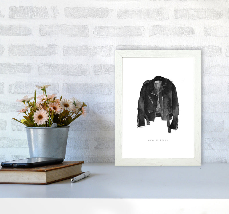 Wear It Black Leather Jacket Modern Fashion Print A4 Oak Frame