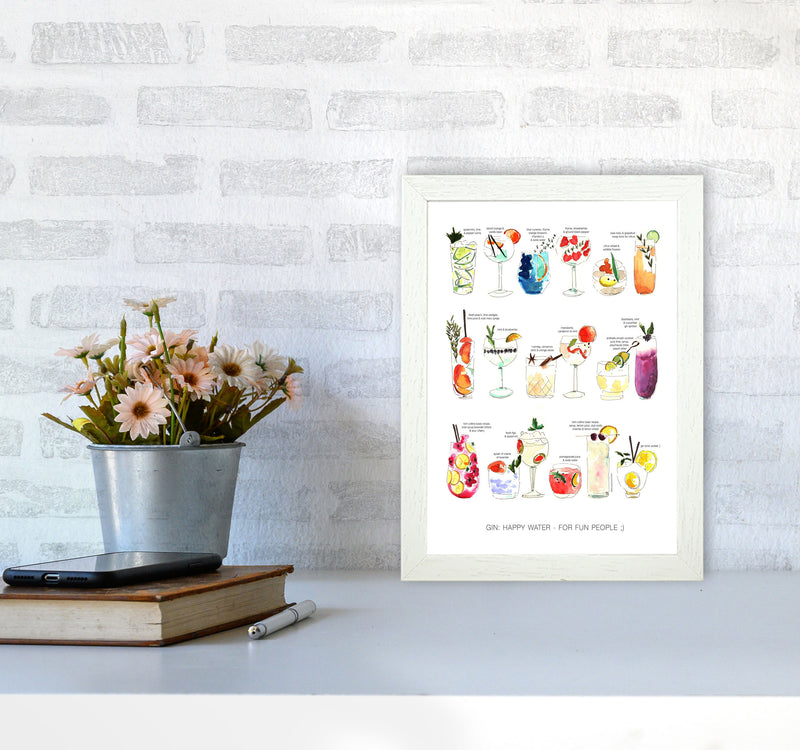 Gin: Happy Water - For Fun People, Kitchen Food & Drink Art Prints A4 Oak Frame