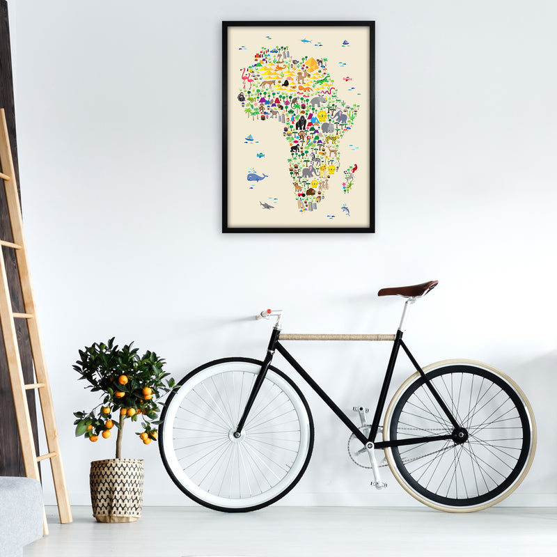 Animal Map of Africa Beige  Art Print by Michael Tompsett A1 White Frame