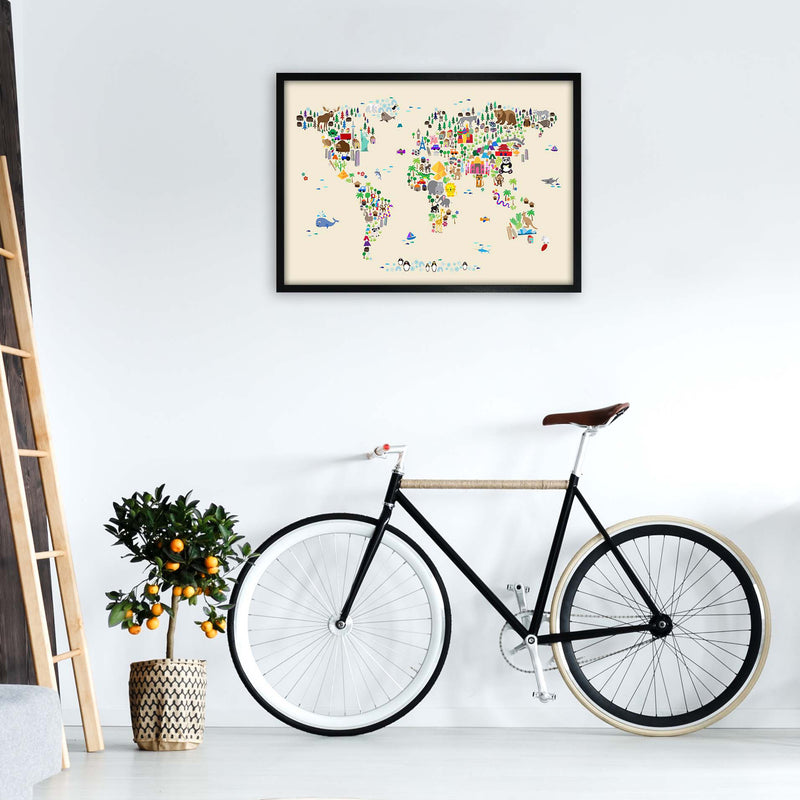 Animal Map of the World Beige Art Print by Michael Tompsett A1 White Frame