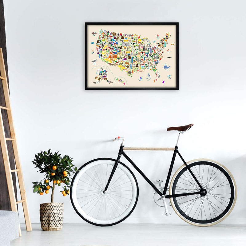 Animal Map of United States Beige Print by Michael Tompsett A1 White Frame