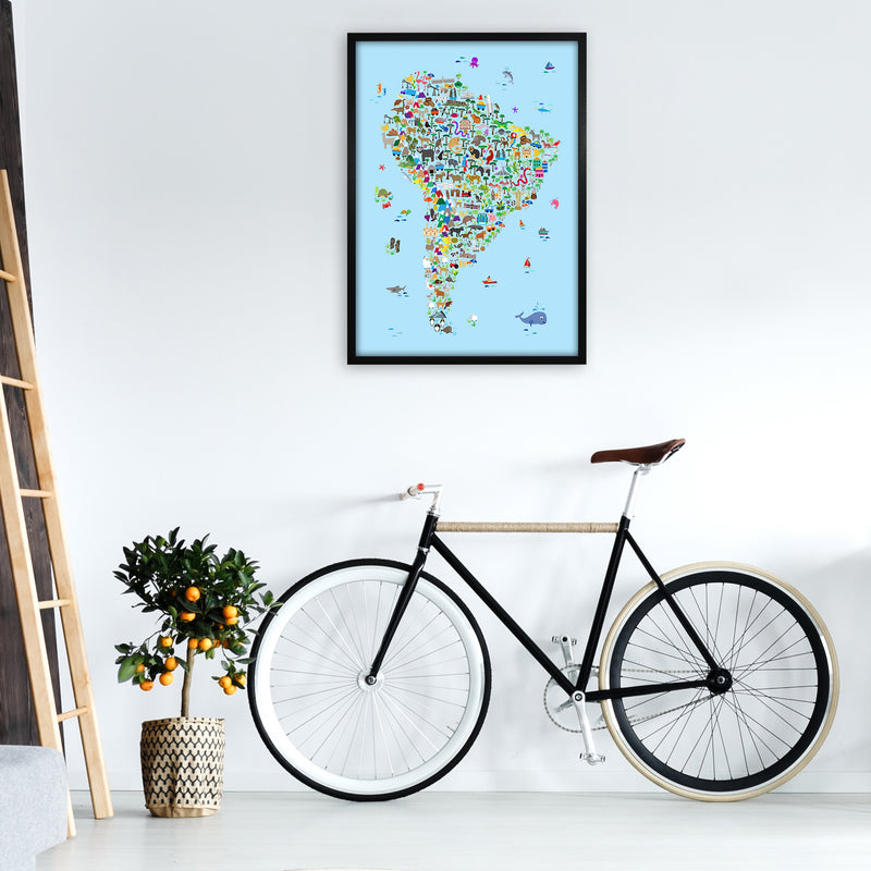 Animal Map of South America Blue Print by Michael Tompsett A1 White Frame