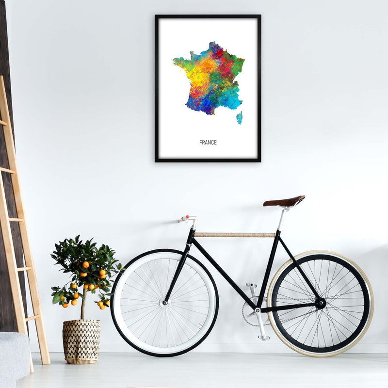 France Watercolour Map Art Print by Michael Tompsett A1 White Frame