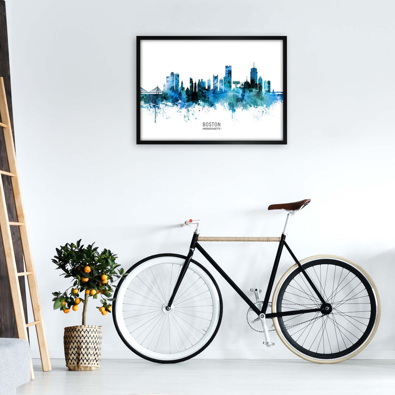 Boston Massachusetts Skyline Blue City Name  by Michael Tompsett A1 White Frame